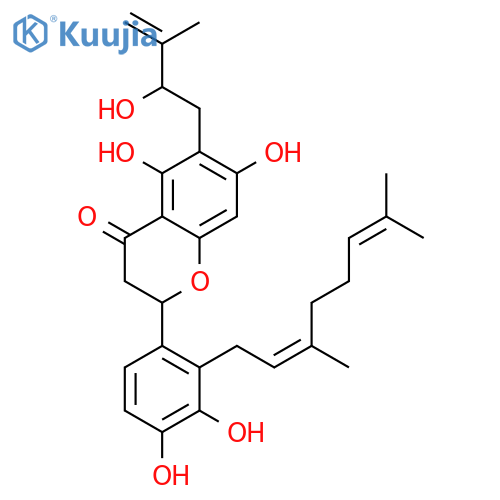 (2S)-5,7,3',4'-tetrahydroxy-6-(2-hydroxy-3-methylbut-3-enyl)-2'-(geranyl)flavanone structure