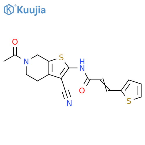 (2E)-N-{6-acetyl-3-cyano-4H,5H,6H,7H-thieno2,3-cpyridin-2-yl}-3-(thiophen-2-yl)prop-2-enamide structure