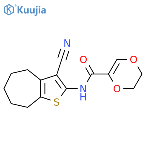 N-{3-cyano-4H,5H,6H,7H,8H-cycloheptabthiophen-2-yl}-5,6-dihydro-1,4-dioxine-2-carboxamide structure