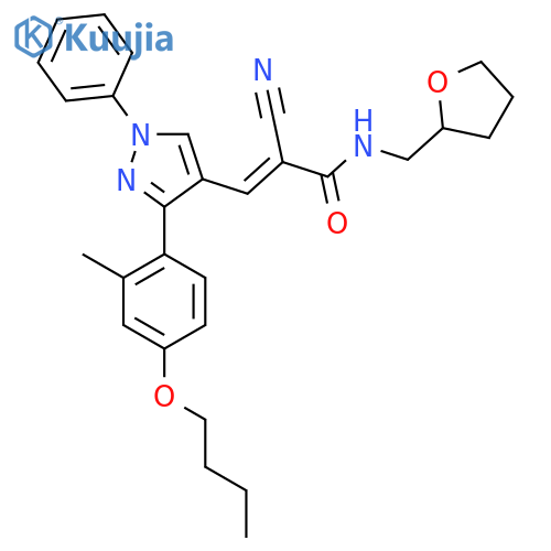 (E)-3-[3-(4-butoxy-2-methylphenyl)-1-phenylpyrazol-4-yl]-2-cyano-N-(oxolan-2-ylmethyl)prop-2-enamide structure