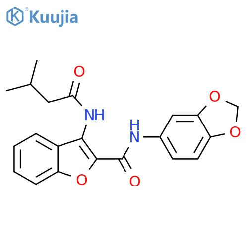N-(2H-1,3-benzodioxol-5-yl)-3-(3-methylbutanamido)-1-benzofuran-2-carboxamide structure
