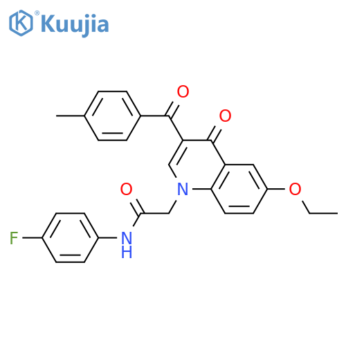 2-6-ethoxy-3-(4-methylbenzoyl)-4-oxo-1,4-dihydroquinolin-1-yl-N-(4-fluorophenyl)acetamide structure
