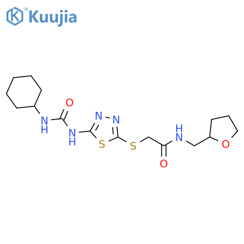 2-({5-(cyclohexylcarbamoyl)amino-1,3,4-thiadiazol-2-yl}sulfanyl)-N-(oxolan-2-yl)methylacetamide structure
