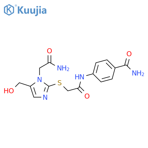 4-(2-{1-(carbamoylmethyl)-5-(hydroxymethyl)-1H-imidazol-2-ylsulfanyl}acetamido)benzamide structure