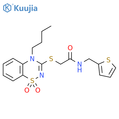 2-(4-butyl-1,1-dioxo-4H-1lambda6,2,4-benzothiadiazin-3-yl)sulfanyl-N-(thiophen-2-yl)methylacetamide structure