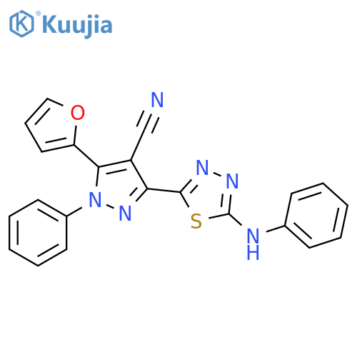 1H-Pyrazole-4-carbonitrile,  5-(2-furanyl)-1-phenyl-3-[5-(phenylamino)-1,3,4-thiadiazol-2-yl]- structure