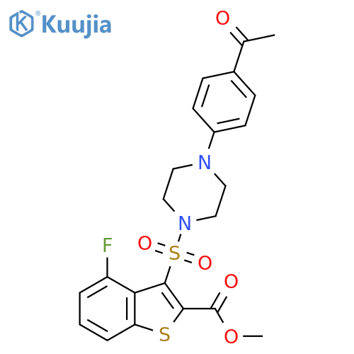 methyl 3-{4-(4-acetylphenyl)piperazin-1-ylsulfonyl}-4-fluoro-1-benzothiophene-2-carboxylate structure